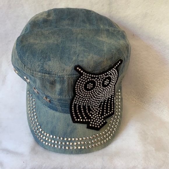 OWL BLING RHINESTONE DENIM CASTRO CADET CAP - Picture 1 of 10